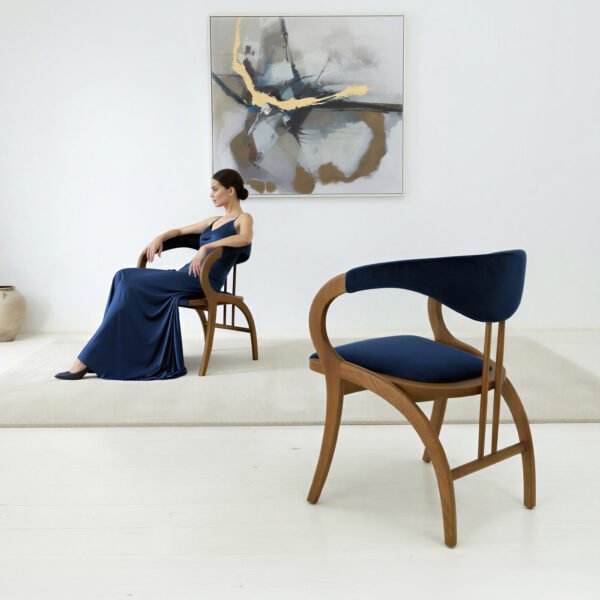 Sculptural Bentwood Armchair in Navy Blue Velvet
