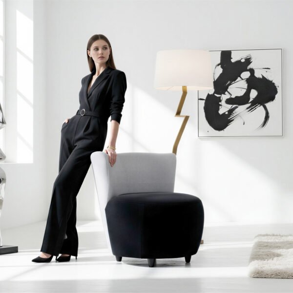 Round Black Velvet & White Ribbed Fabric Slipper Chair