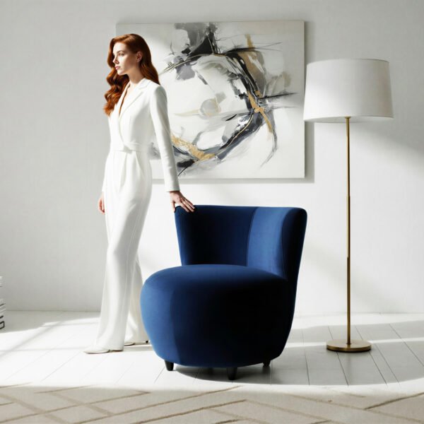 Navy Blue Velvet Round Slipper Chair with Quilted Back Panel