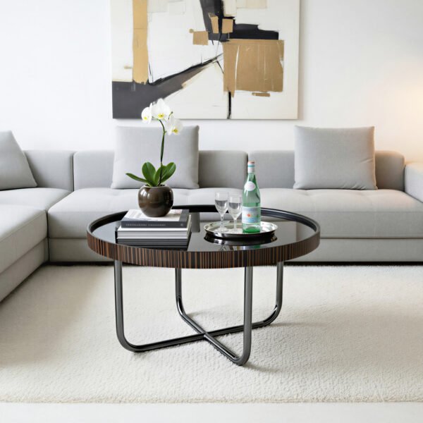 Round Black Lacquered Coffee Table with Zebrano Wood Edge & Gunmetal Tubular Base
