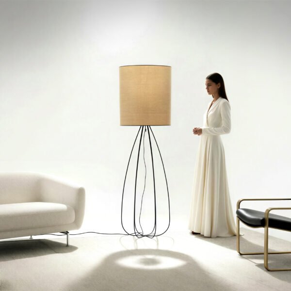 Wire Base Floor Lamp – Natural Woven Shade with Black Metal Frame