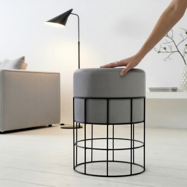 Grey Velvet Stool – Round Footstool with Black Wire Frame
