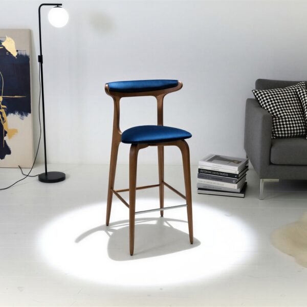 Sculptural Wood Bar Stool in Navy Blue Velvet