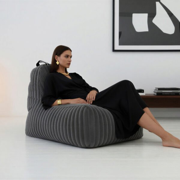 Grey Ribbed Fur Bean Bag Lounger Chair with Carry Handle