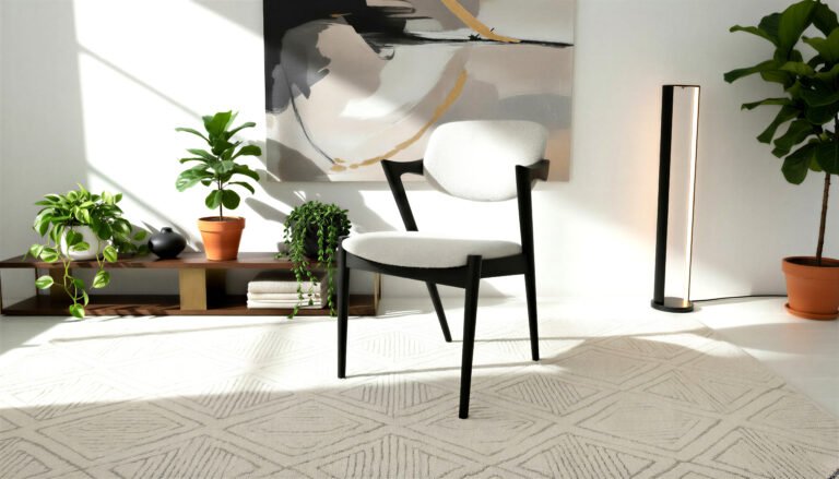Danish Style Ebonised Dining Chair in White Bouclé