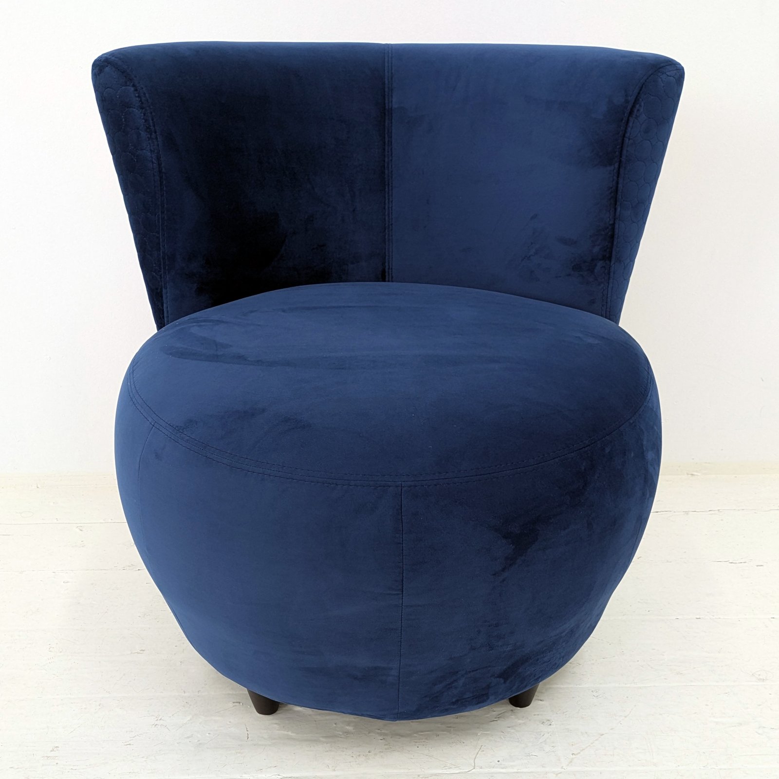 Navy Blue Velvet Round Slipper Chair with Quilted Back Panel