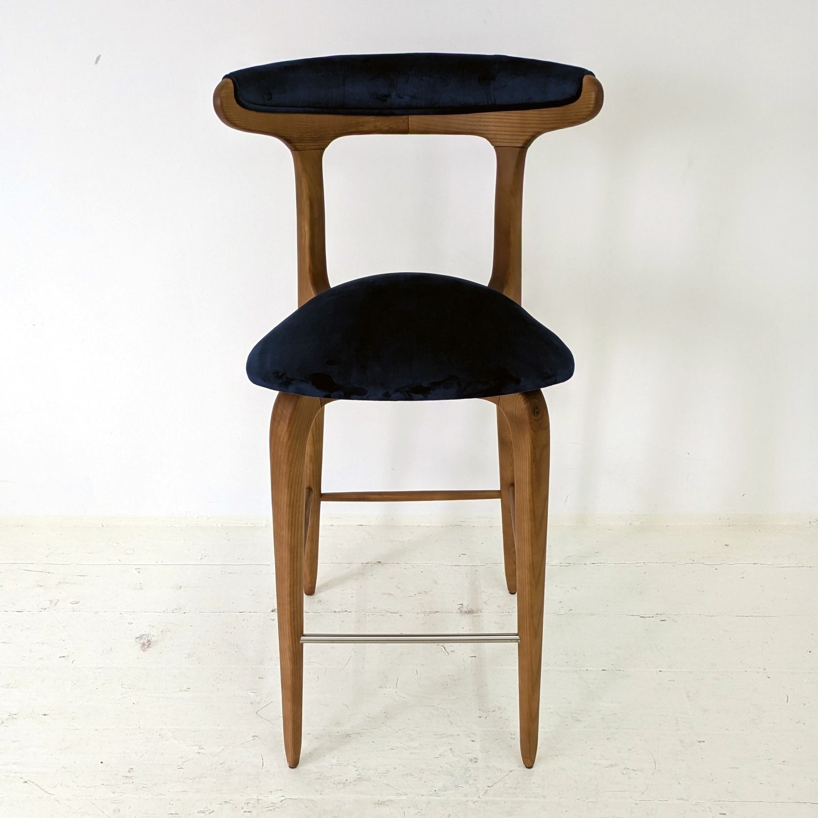 Sculptural Wood Bar Stool in Navy Blue Velvet