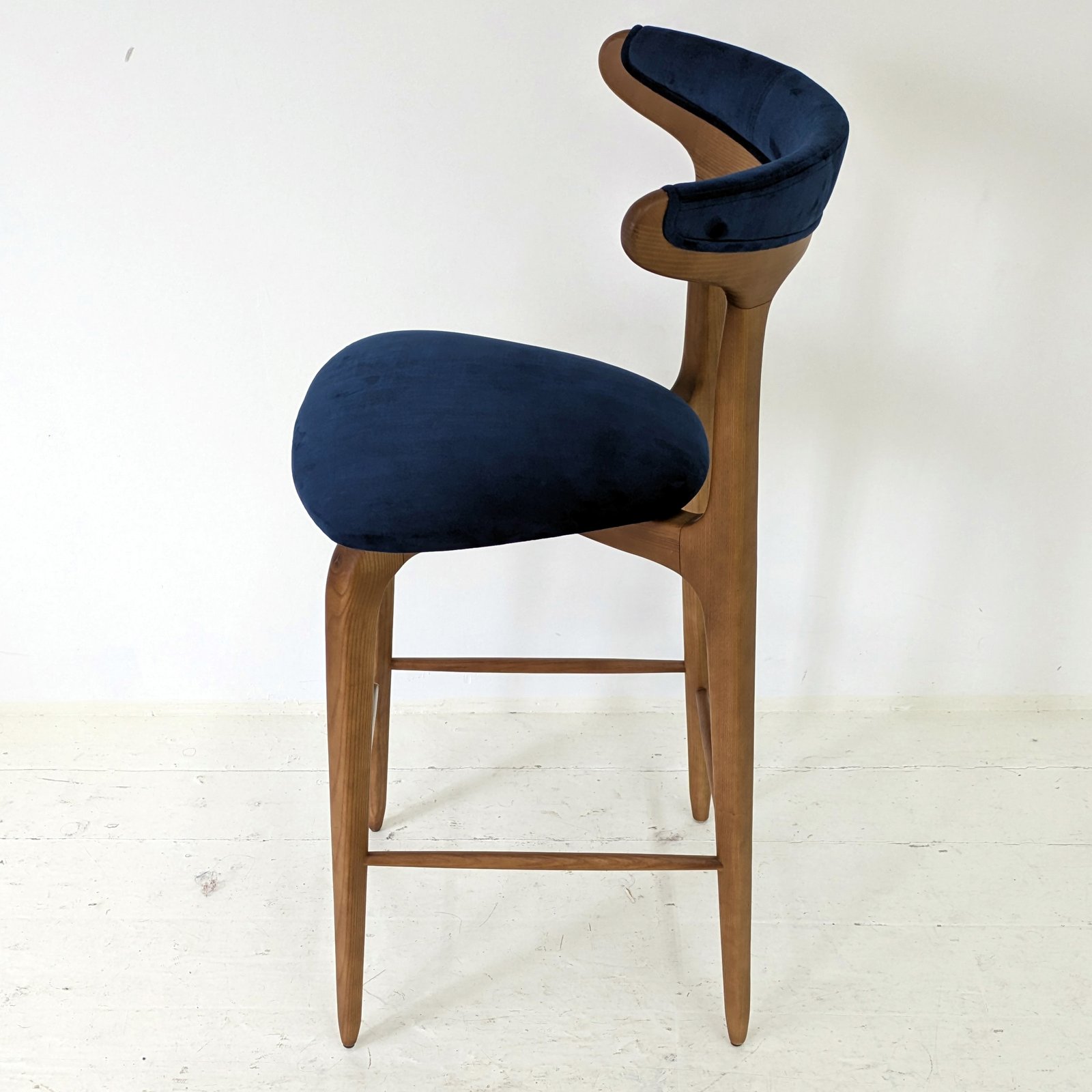 Sculptural Wood Bar Stool in Navy Blue Velvet