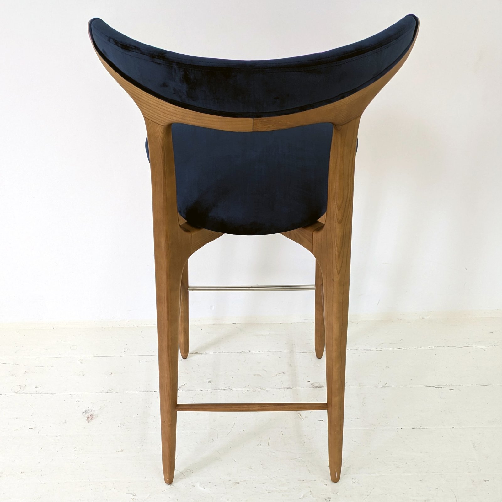 Sculptural Wood Bar Stool in Navy Blue Velvet