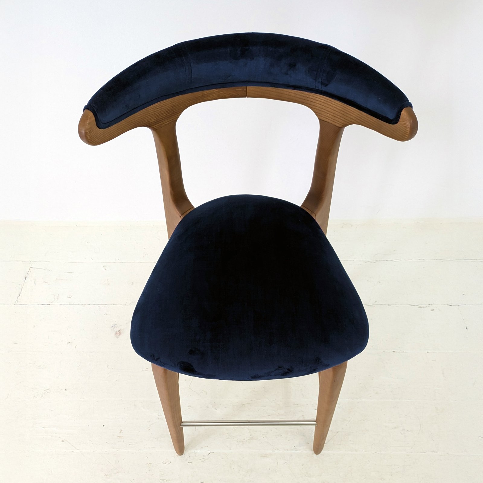 Sculptural Wood Bar Stool in Navy Blue Velvet