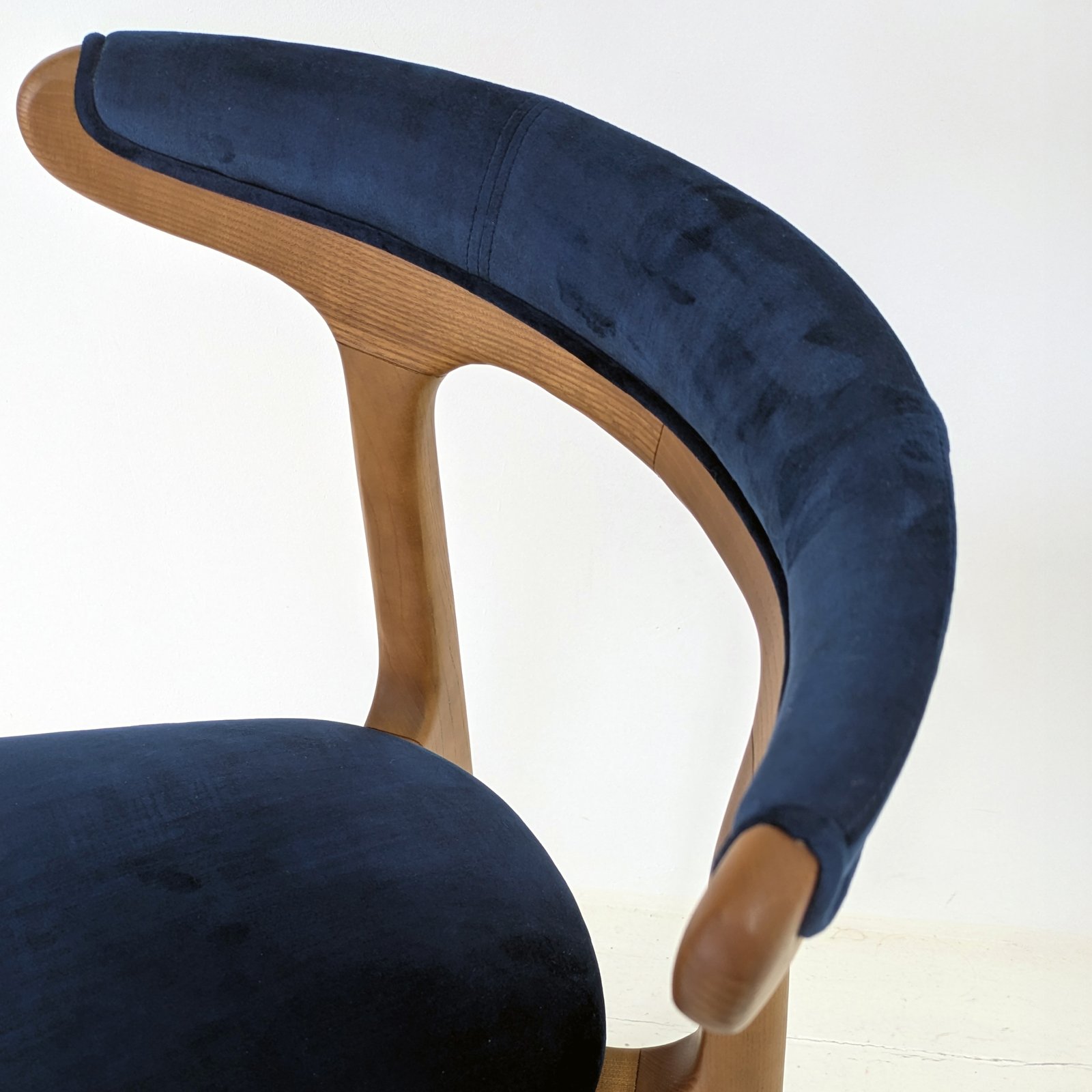 Sculptural Wood Bar Stool in Navy Blue Velvet