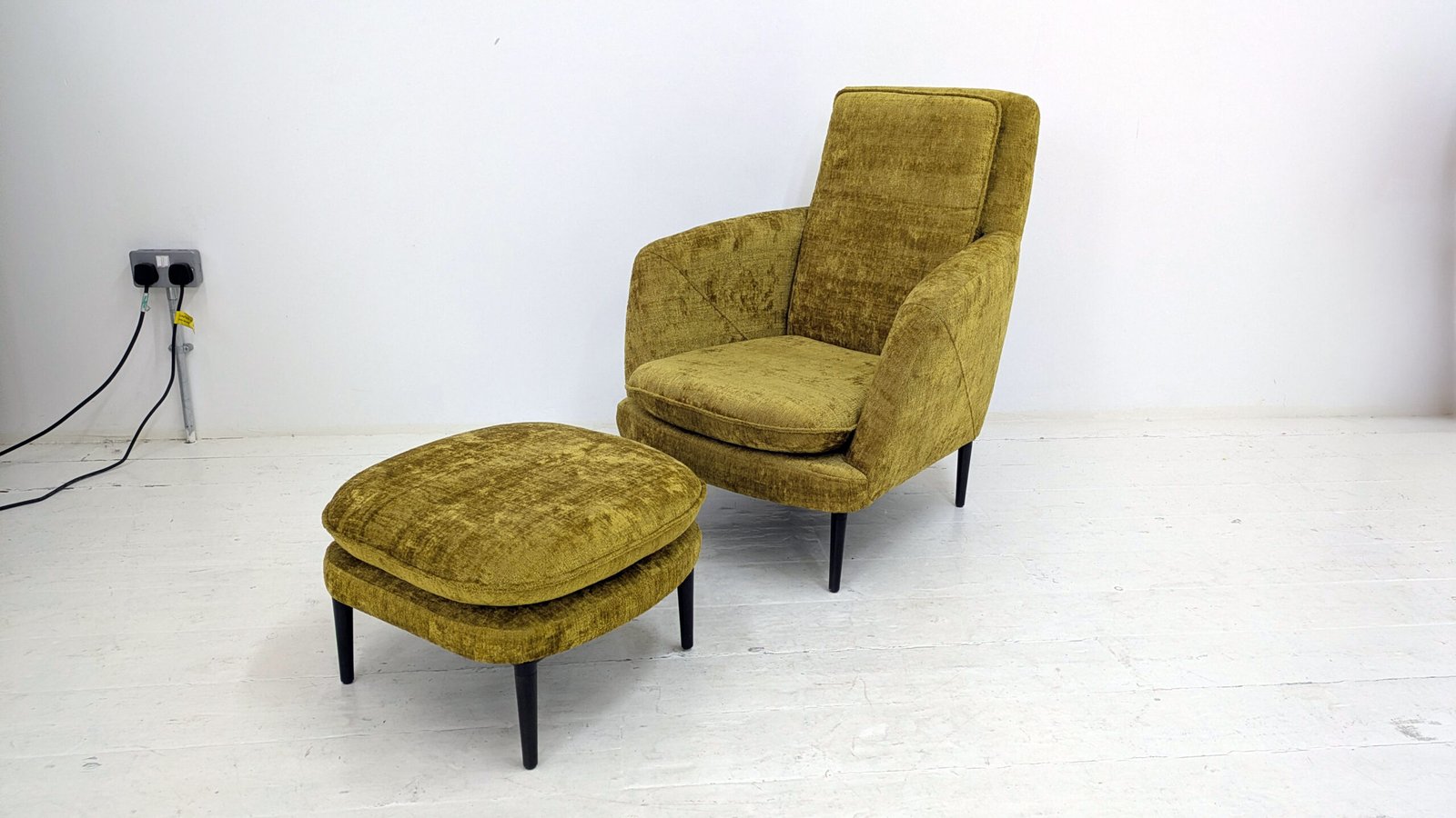 Chartreuse Green Chenille Armchair with Matching Footstool