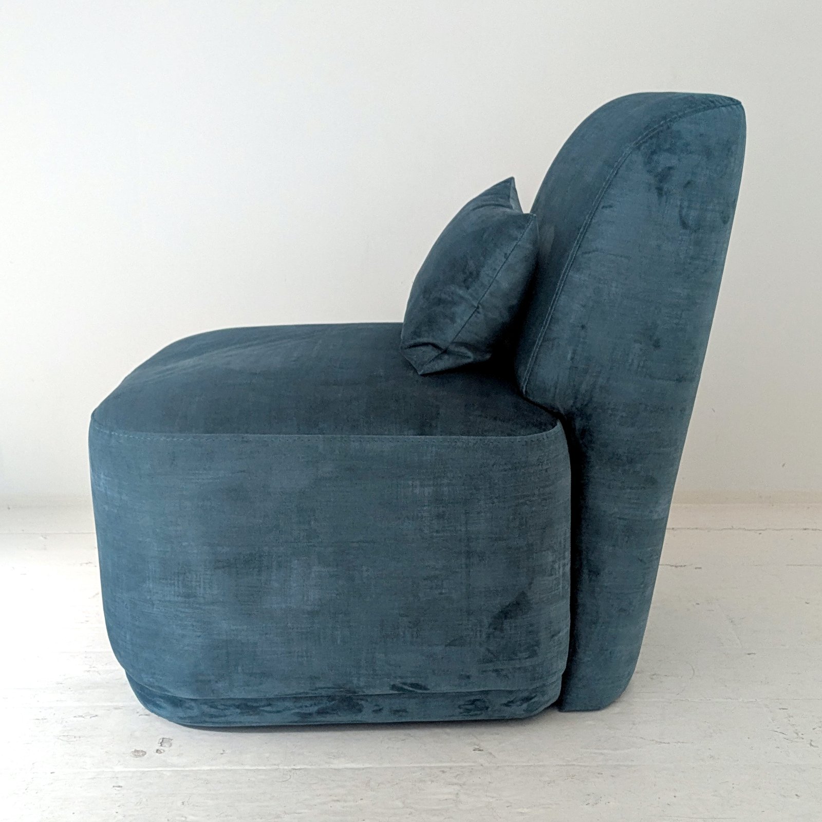 Petrol Blue Velvet Armless Slipper Chair with Matching Lumbar Cushion