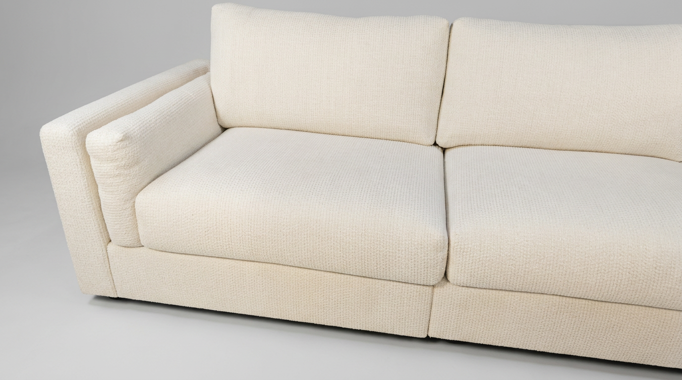 Pamal Cream Three-Seater Boucle Sofa or Pamal Chair–  Textured Fabric with Black Metal Legs