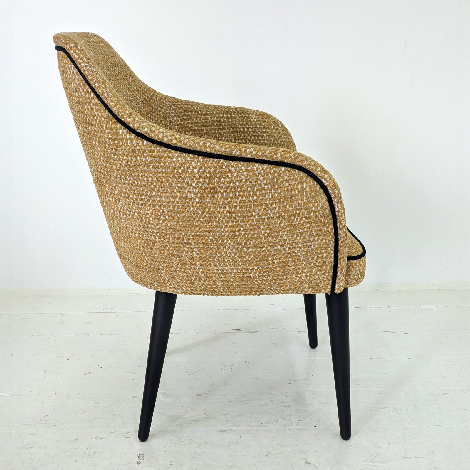 Mustard Tweed Bouclé Tub Chair – Black Piped Armchair
