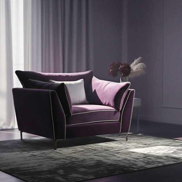 Aubergine velvet snuggle chair with ivory piping and scatter cushions