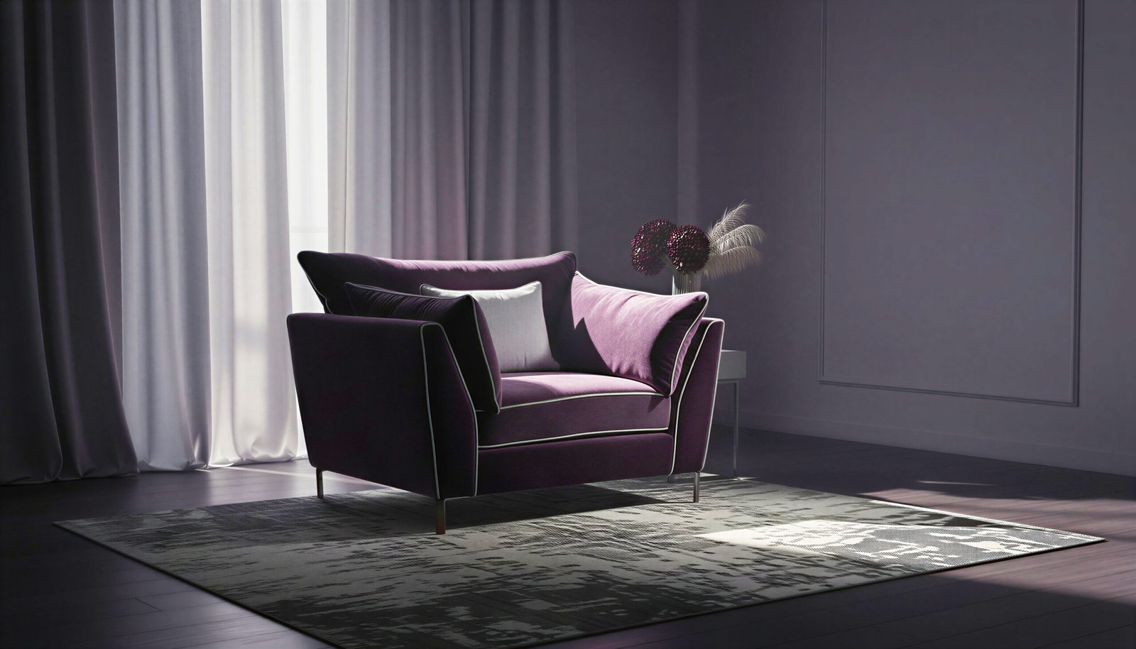Aubergine velvet snuggle chair with ivory piping and scatter cushions