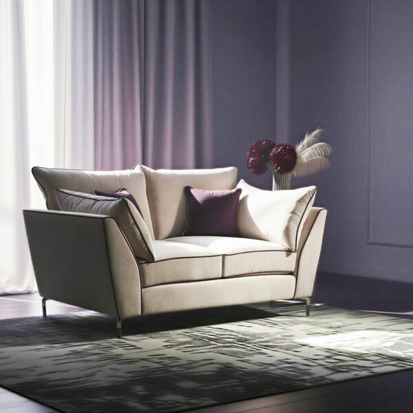 Cream chenille 2 seater sofa with contrast plum piping and velvet scatter cushions