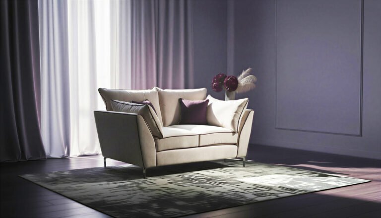 Cream chenille 2 seater sofa with contrast plum piping and velvet scatter cushions