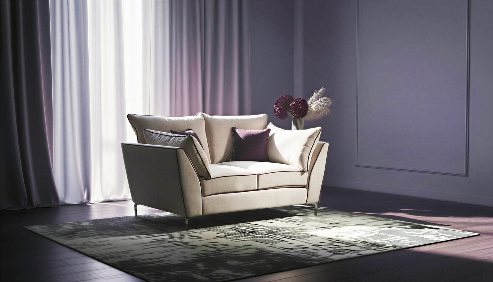 Cream chenille 2 seater sofa with contrast plum piping and velvet scatter cushions