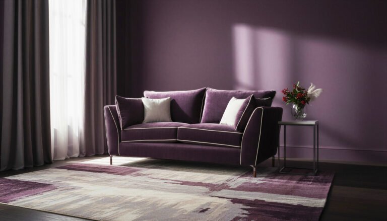 Aubergine velvet 3 seater sofa with cream piping and tapered bronze legs