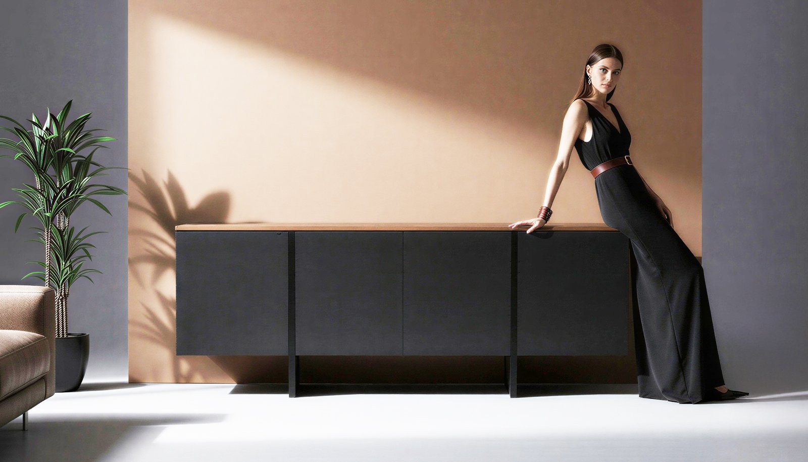 Walnut and black sideboard – view 1