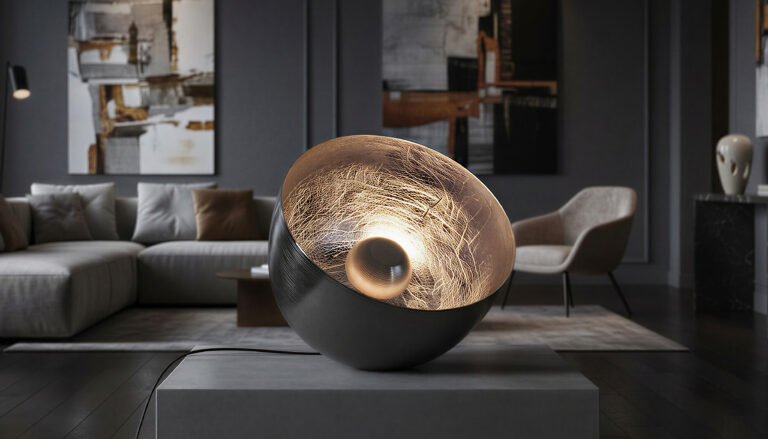 Ember Orb Basket Lamp Medium – Black Metal with Copper Interior Sphere