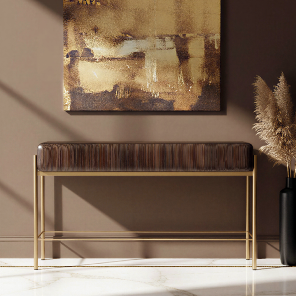 Walnut Console Table with Two Drawers and Brass Legs
