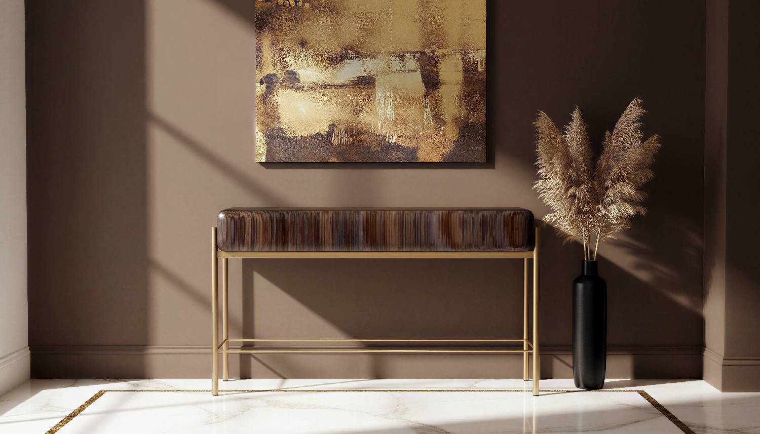 Walnut Console Table with Two Drawers and Brass Legs