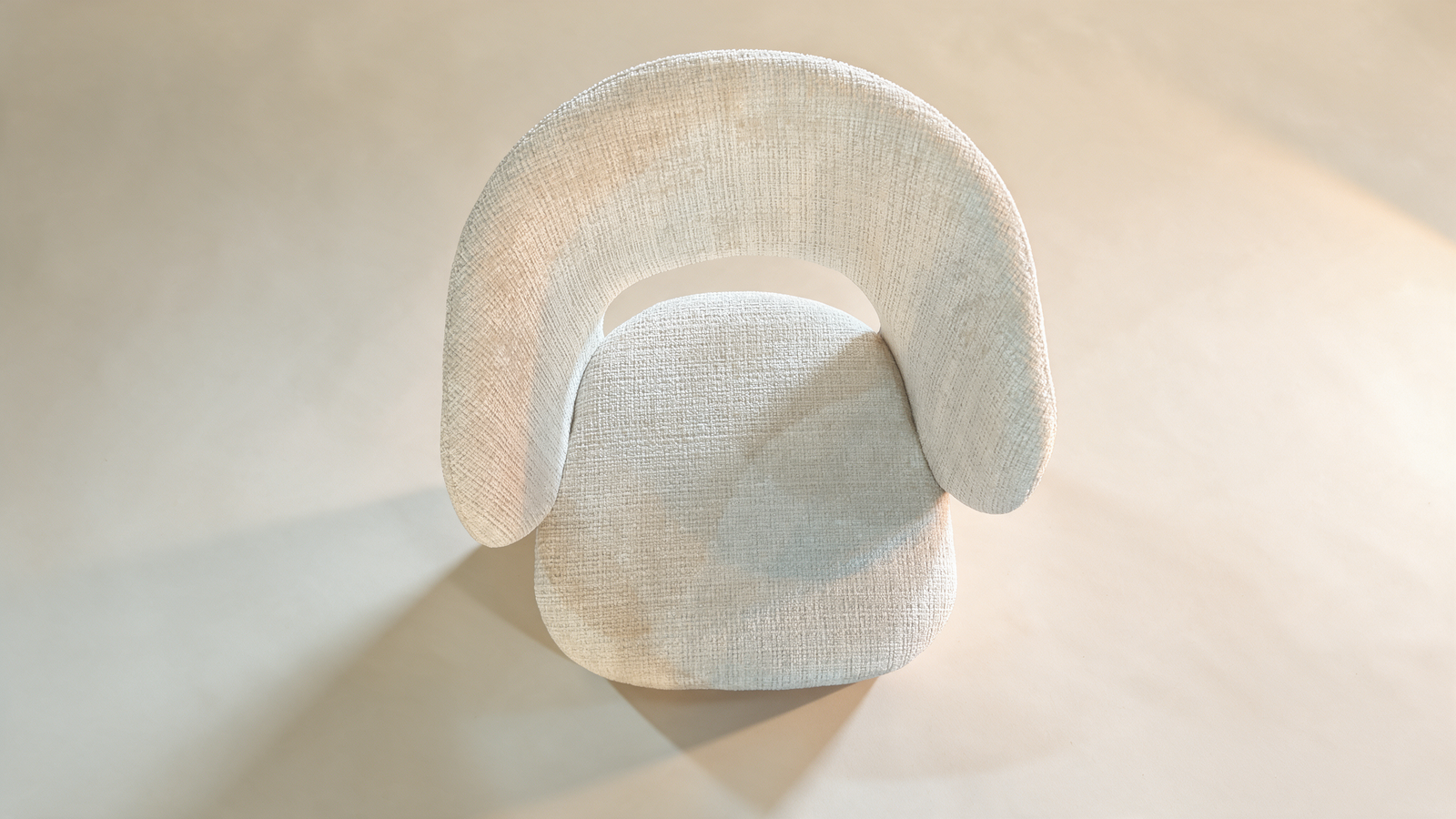 Boucle swivel accent chair with cut-out back, rear view of cut-out back