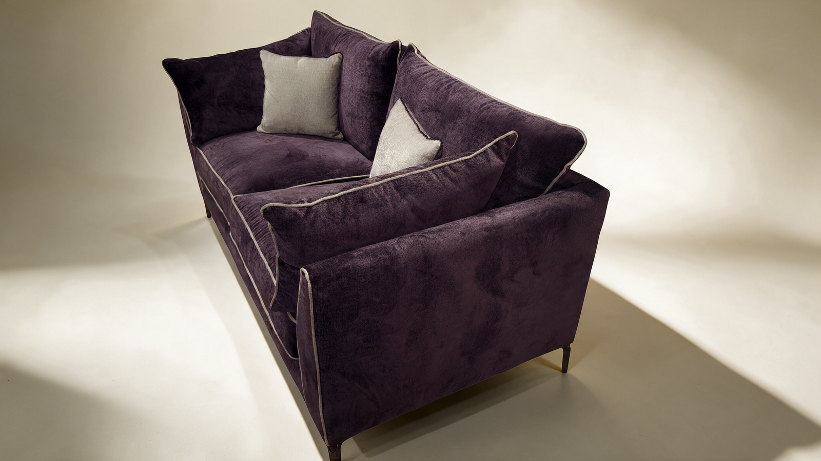 Cleo Aubergine Velvet 3 Seater Sofa | Cream Piping
