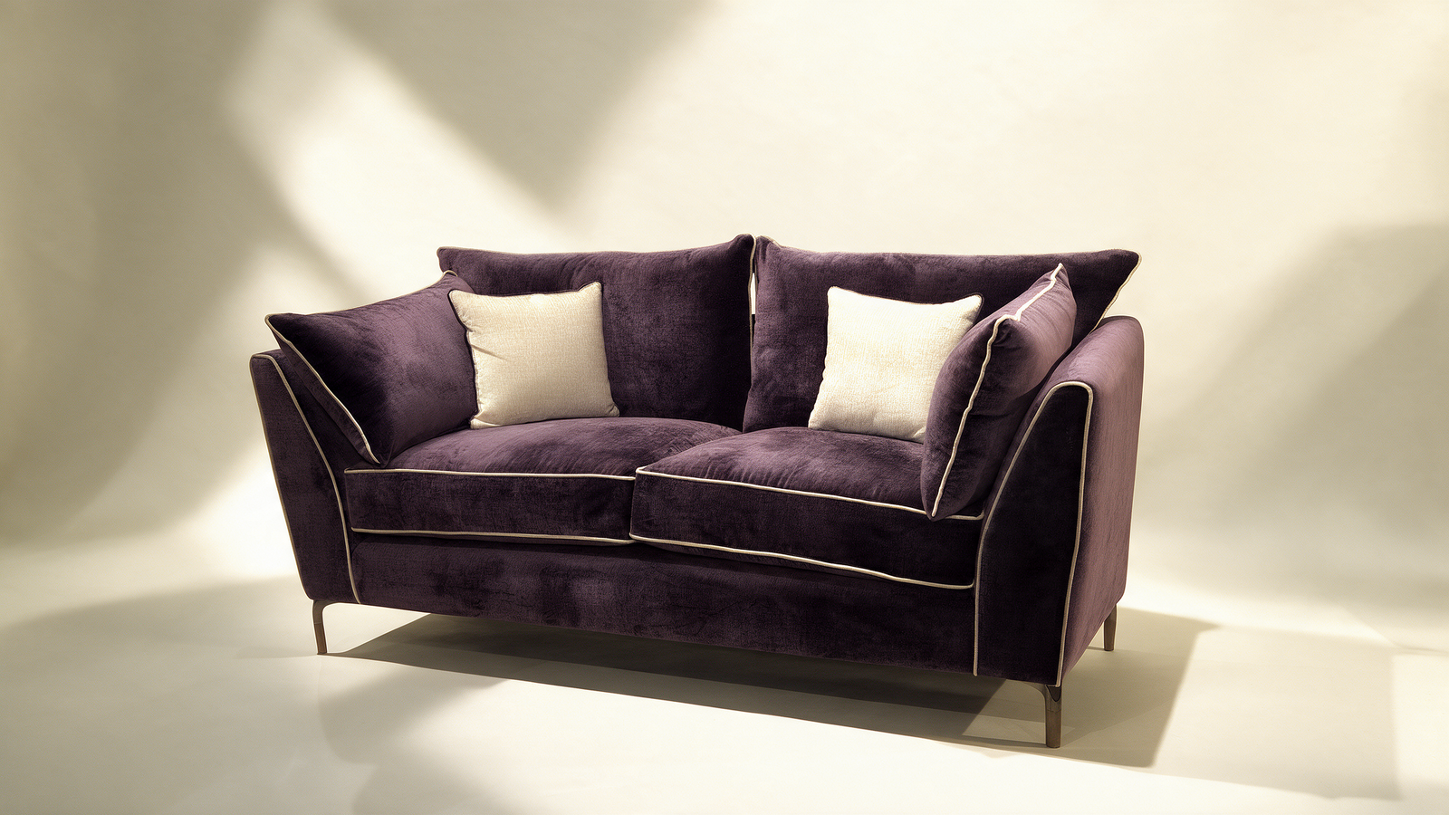 Cleo Aubergine Velvet 3 Seater Sofa | Cream Piping