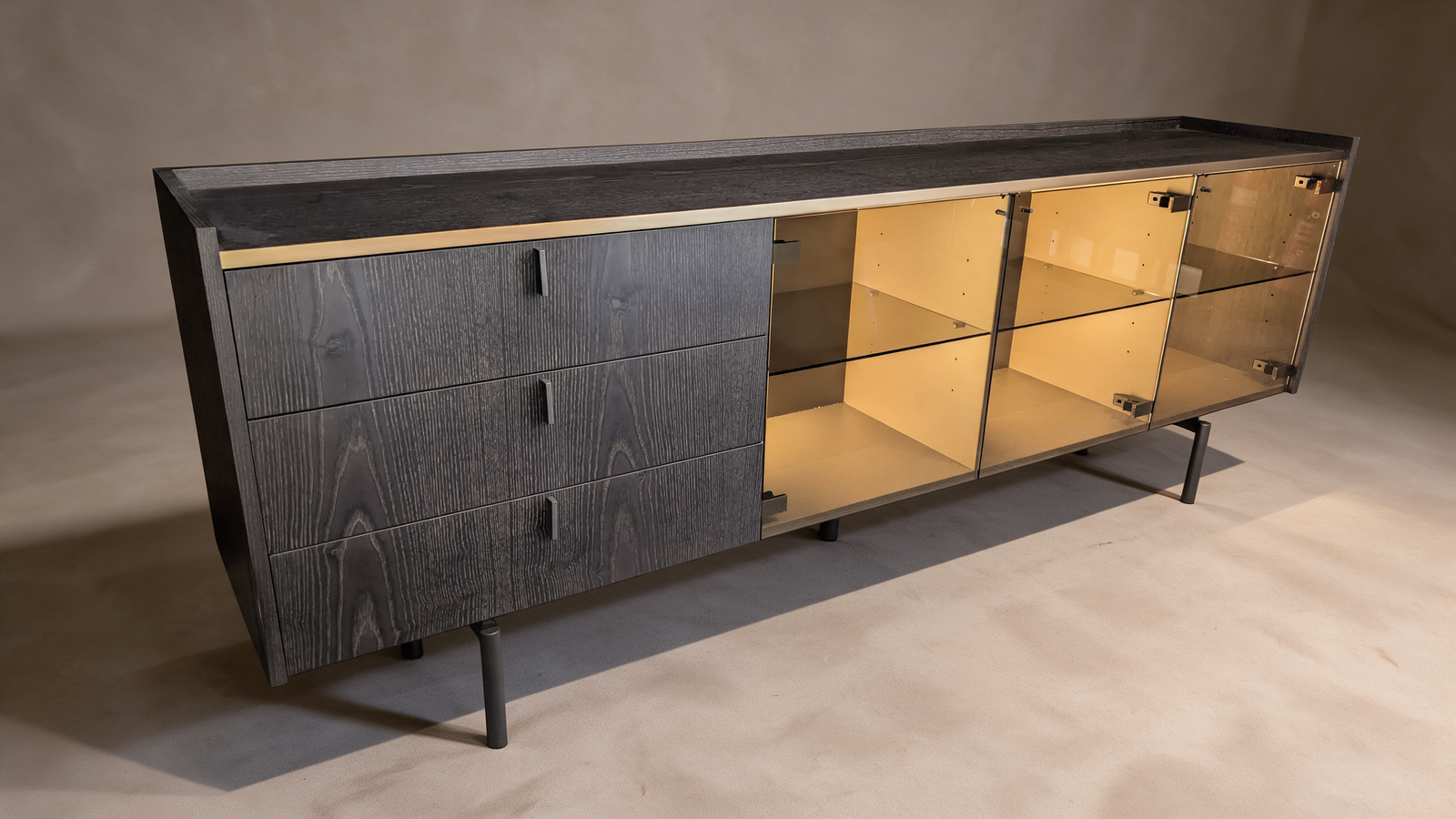 Ebonised ash sideboard with drawers and gold LED lighting, front view