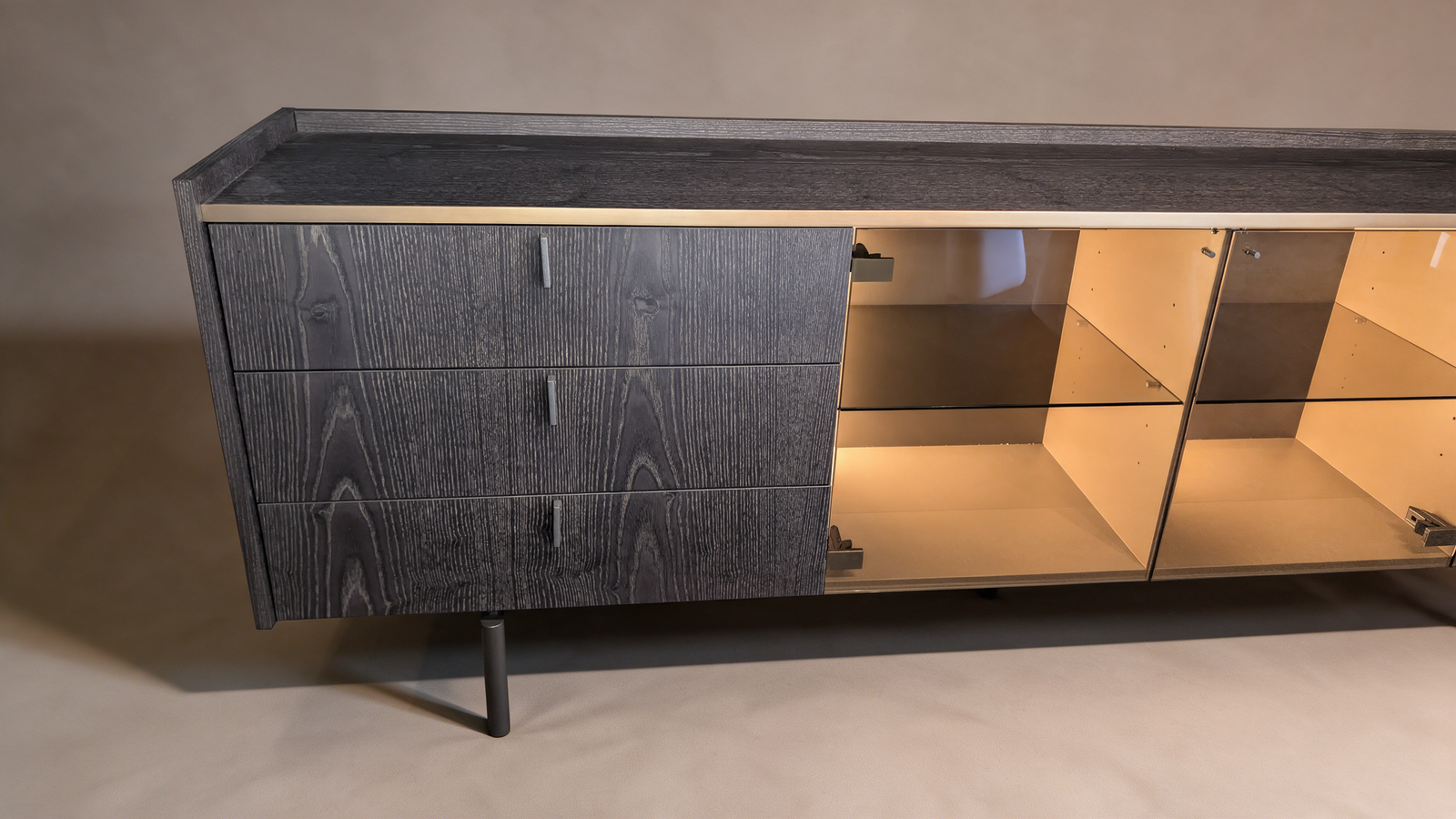 Ebonised ash sideboard with drawers and gold LED lighting, front view