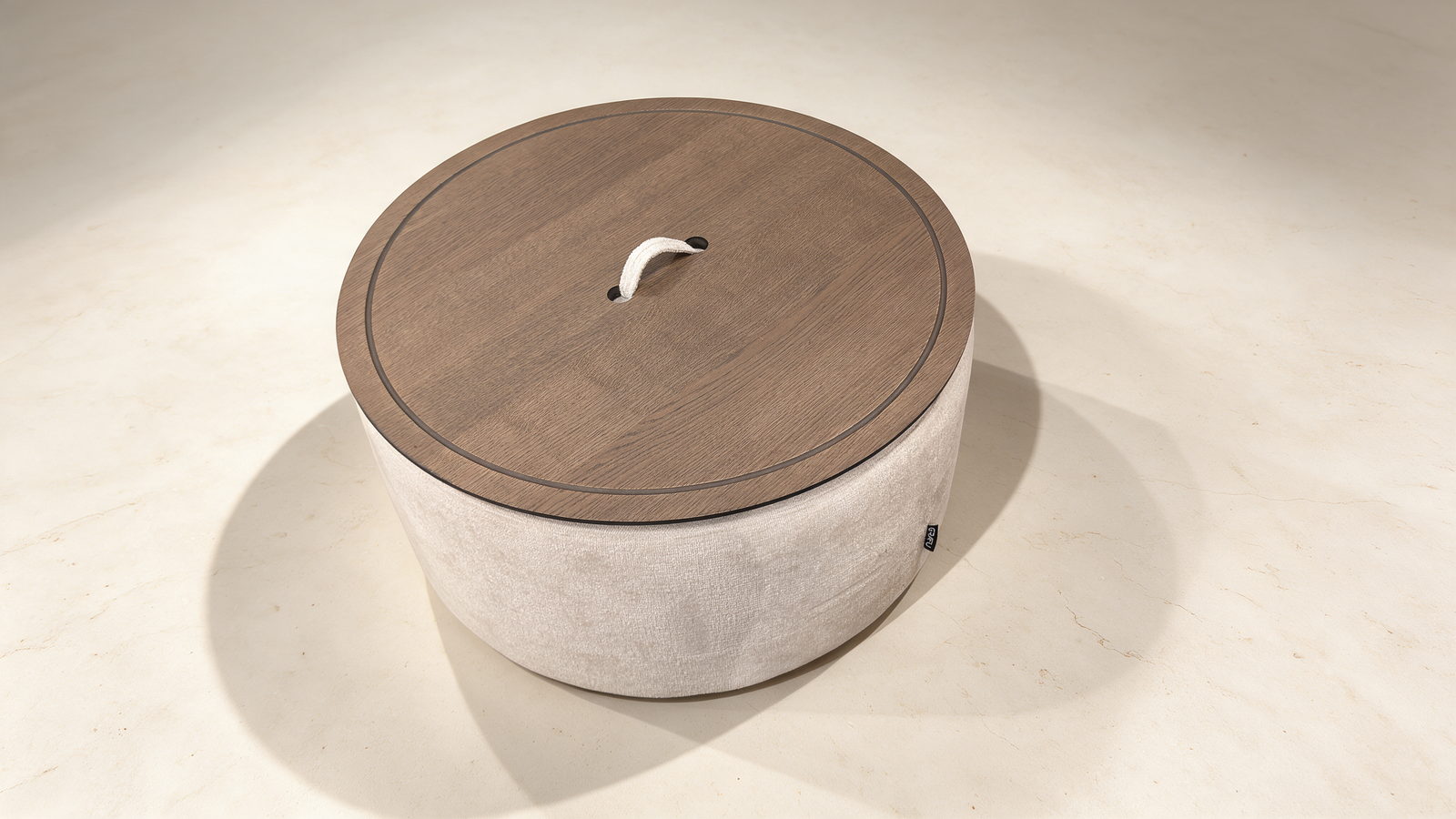 Round Pouf with Removable Wooden Tray Lid – Chenille Fabric Ottoman