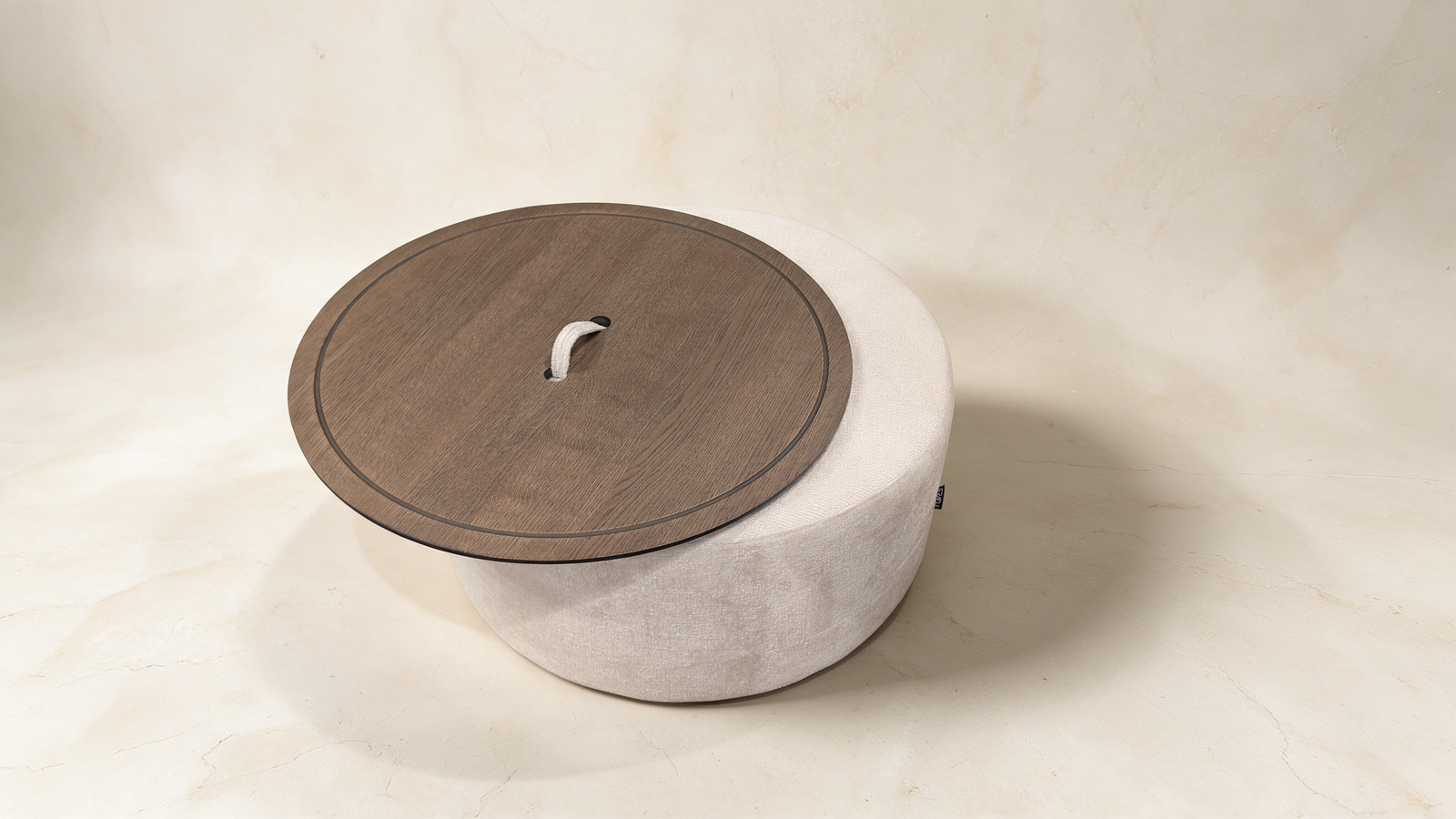 Round Pouf with Removable Wooden Tray Lid – Chenille Fabric Ottoman