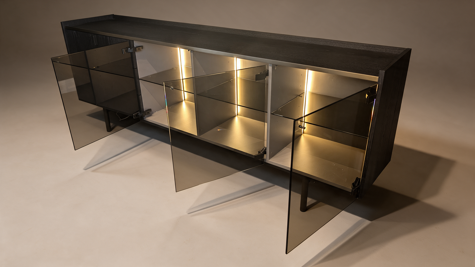 Ebonised ash sideboard with smoked glass display and LED lighting, front view