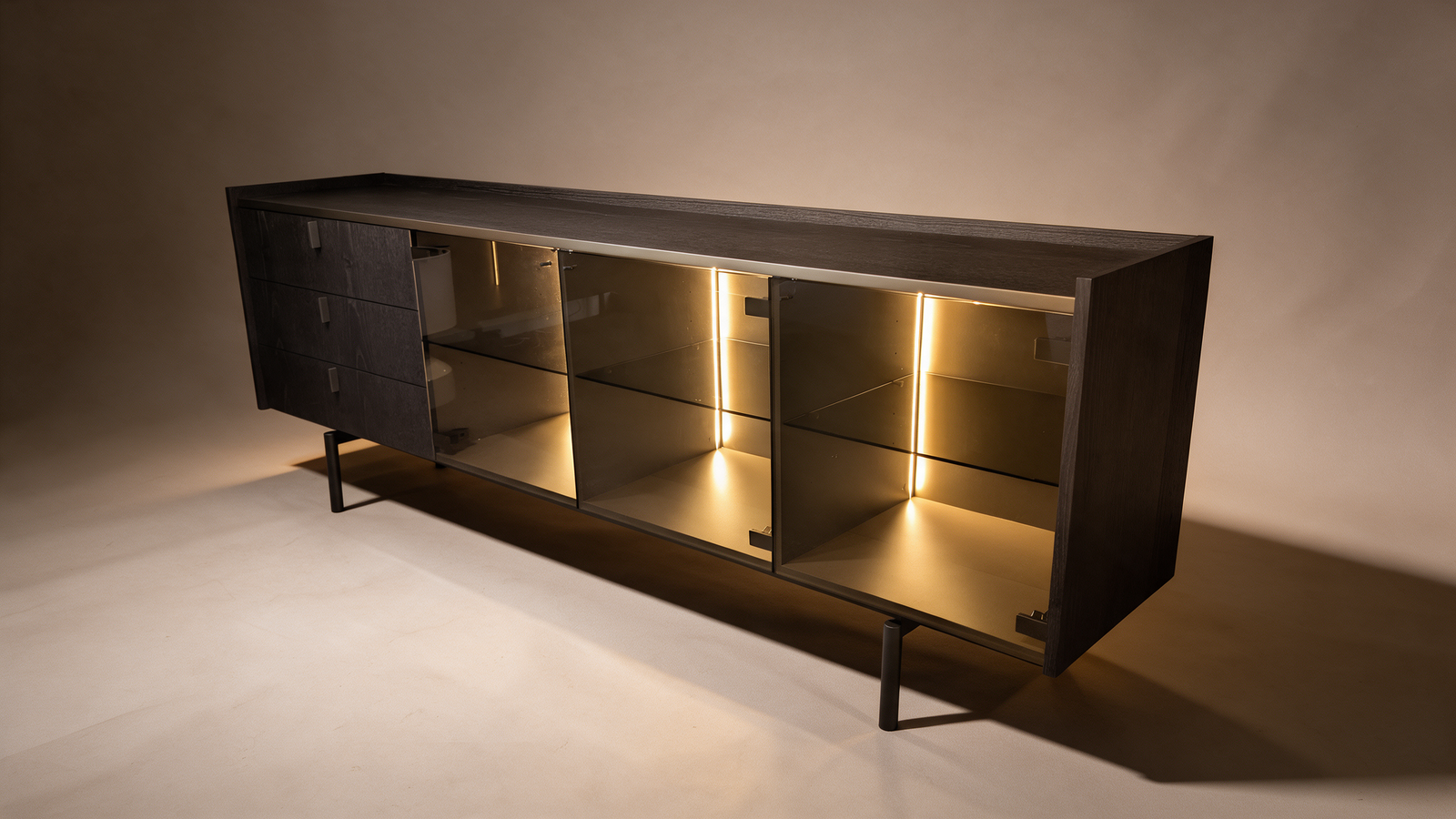 Ebonised ash sideboard with smoked glass display and LED lighting, front view