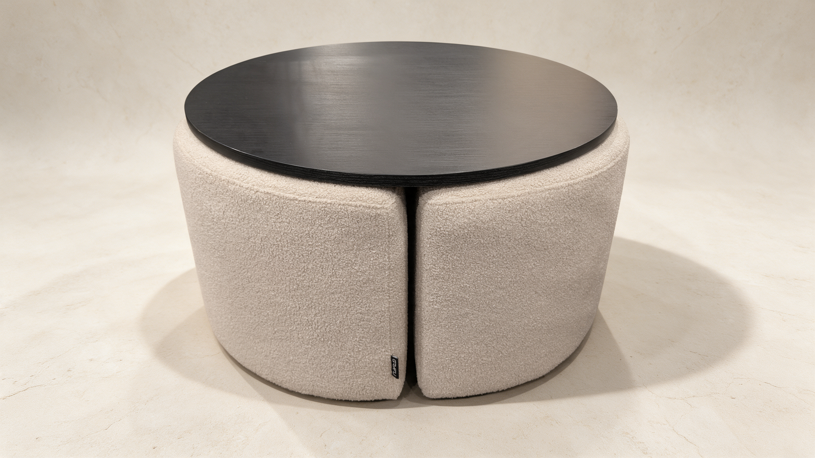 Round Nesting Coffee Table with Boucle Ottoman Stools – Black Wood Top