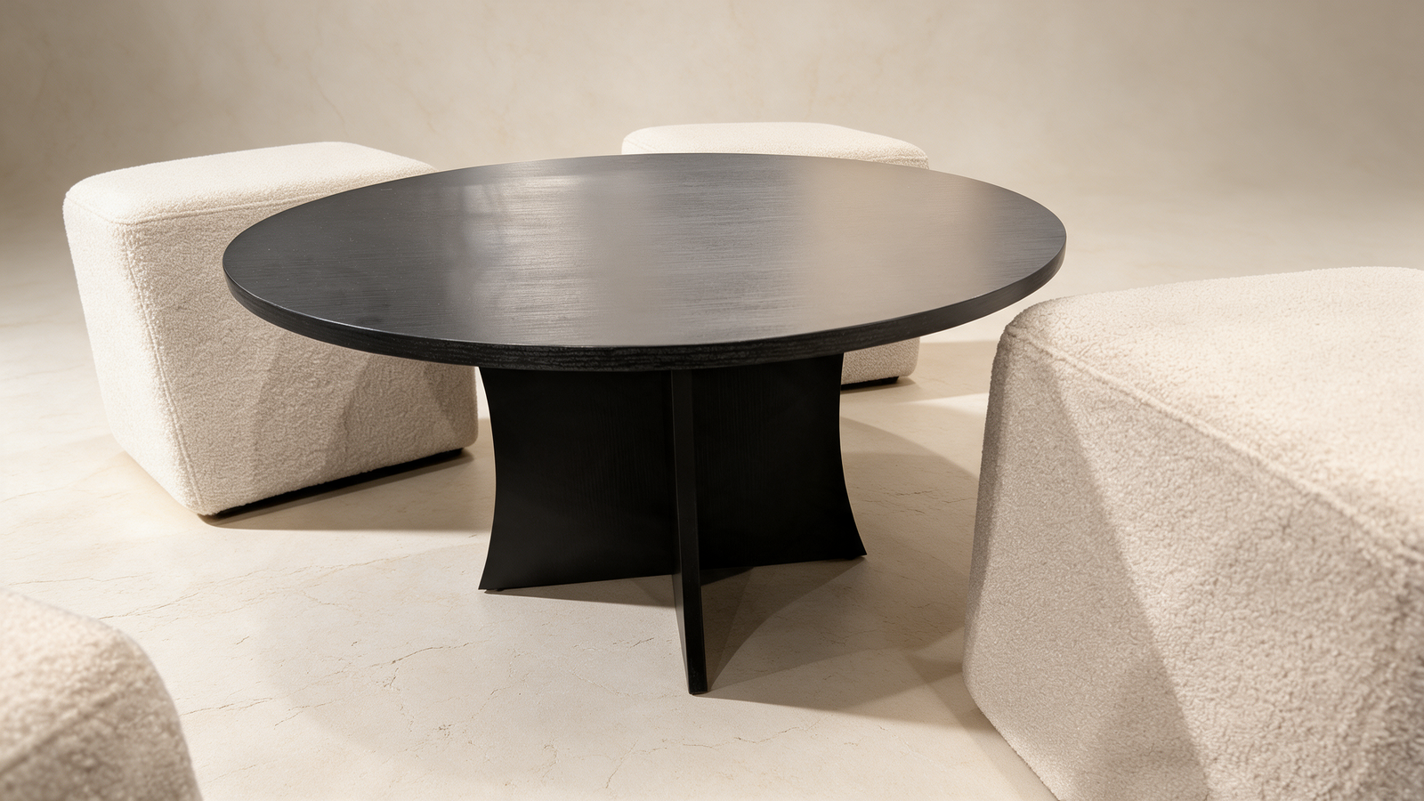 Round Nesting Coffee Table with Boucle Ottoman Stools – Black Wood Top