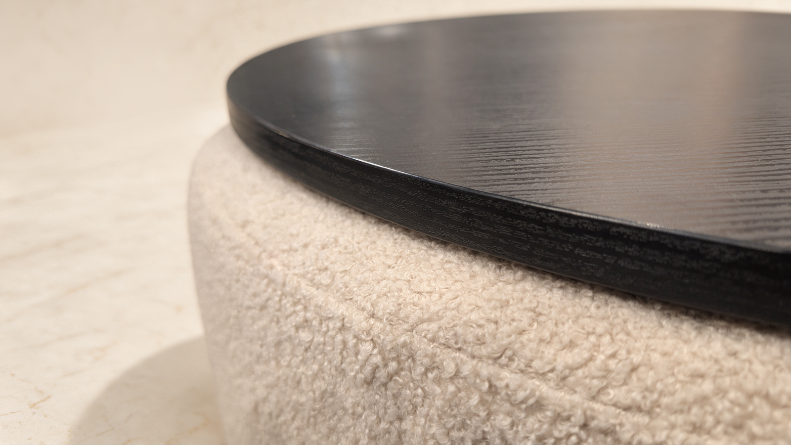 Round Nesting Coffee Table with Boucle Ottoman Stools – Black Wood Top