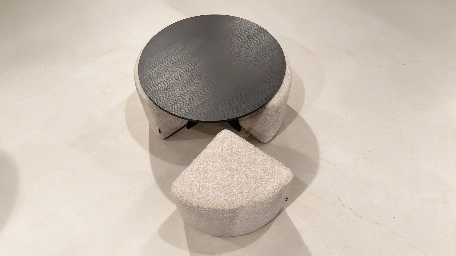 Round Nesting Coffee Table with Boucle Ottoman Stools – Black Wood Top