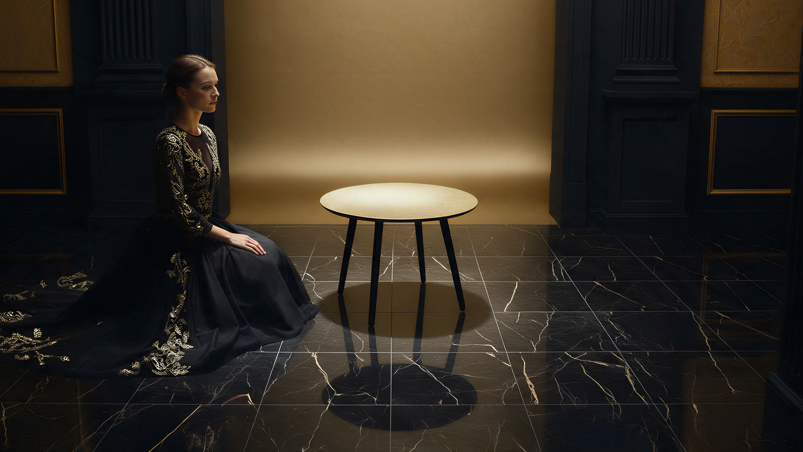 Round Side Table – Textured Antique Gold Top with Black Tripod Metal Legs