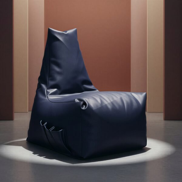 Navy bean bag lounger chair on a dark studio backdrop