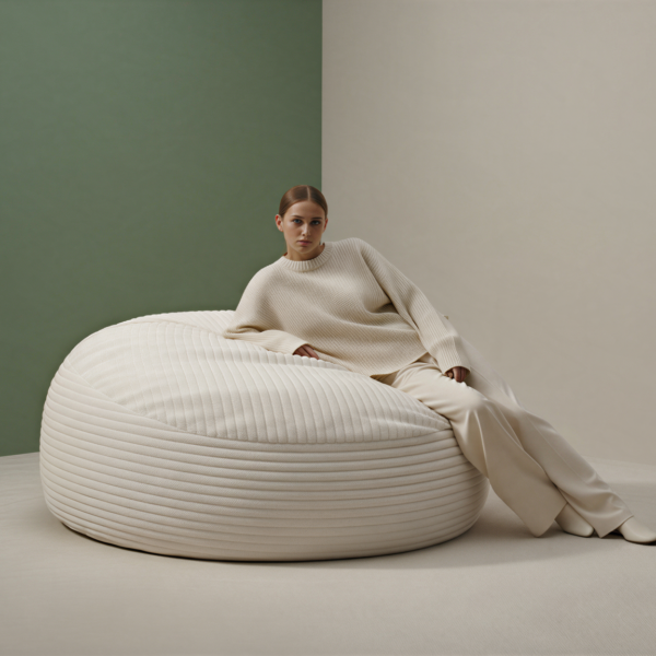 Person relaxing on a large cream faux fur bean bag in a studio