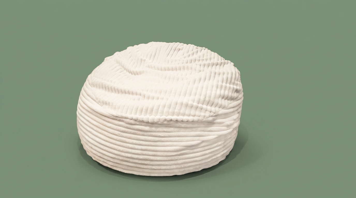 Cream ribbed faux fur bean bag on a sage green studio backdrop